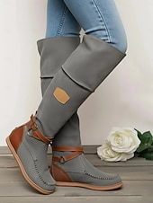 preiswerte Modische Stiefel-Kniehohe Stiefel aus Wildleder für Damen mit Keilabsatz und Schnallenriemen - Freizeitstiefel im Bohème-Stil in Jeansblau