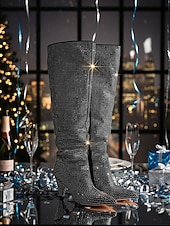 economico Stivali ampi-stivali alti fino al ginocchio con strass da donna, con punta affilata e tacco grosso, calzature scintillanti in stile slouchy per feste in città a Natale e Capodanno