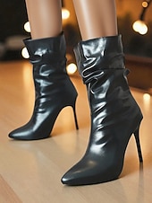 abordables Fête de la Vie Nocturne-Bottines souples en similicuir noir pour femme - Chaussures de soirée à bout pointu et talon aiguille haut pour la vie nocturne et les soirées en boîte