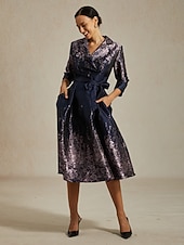Per donna Abito Midi Tubino Elegante Compleanno Floreale Manica 3/4 Colletto a Camicia Blu marino Estate Primavera Autunno Inverno economico Abito Floreale-Per donna Abito Midi Tubino Elegante Compleanno Floreale Manica 3/4 Colletto a Camicia Blu marino Estate Primavera Autunno Inverno