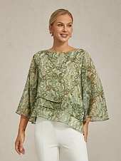 cheap Shirts,Tops &amp; Blouses-Women&#039;s Blouse Green Paisley Floral Layered 3/4 Sleeve Loose Fit Round Boat Neck Casual Elegant Spring Summer