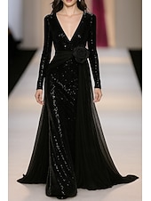 preiswerte Ballkleider-schwarz-weißes Etui-/Säulen-Abendkleid mit Pailletten, elegantes Abendkleid, formelle Hochzeit, bodenlang, lange Ärmel, V-Ausschnitt, Chiffon mit Glitzer 2025