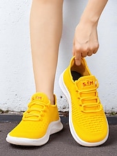 levne Dámské tenisky-Dámské široké žluté tenisky z flyknit pleteniny, lehká ležérní obuv na chůzi pro sport a streetwear
