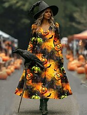 olcso Halloween ruha-Mindszentek napja Női Midi ruha hétköznapi ruha A vonalú ruha Szabadság Alkalmi Esküvő Parti Születésnap Normál Grafika Hosszú ujj V-alakú Fekete Bíbor Narancssárga Lóhere Tavasz Ősz