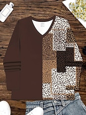 abordables Camiseta a rayas y geométrica-Mujer Camiseta Estampado Graphic Leopardo Geométrico Vintage Elegante Clásico Manga Larga Escote en Pico Tops regulares Diario Marrón Primavera Otoño Invierno