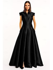 cheap A-Line Evening Dresses-Black Red A-Line Evening Gown Elegant Formal Dress Formal Wedding Floor Length Short Sleeve Queen Anne Pocket Satin with Pocket 2025
