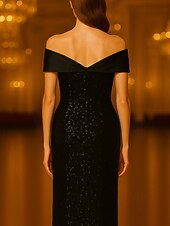 cheap Sheath Evening Dresses-Sheath Column Floor Length Prom Dresses Evening Gown Ball Gown Formal Dress Elegant Glittering Celebrity Style Sleeveless Off Shoulder Garden Party Wedding Stretch Satin Sequined with Bow(s) Ruched