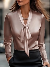 economico Top eleganti-Per donna Elegant Elegante Raso/Satin Blusa Semplice Elegante Quotidiano Cravatta al collo Top Regolari Quotidiano Allacciato Nero Bianco Rosa Viola Autunno