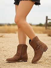 levne Cowboy &amp; Western Boots-Dámské tmavě hnědé kotníkové boty z umělé kůže s bočním zipem a krajkovým detailem – ležérní vintage boty na nízkém podpatku pro každodenní nošení, cestování a outdoorové outfity