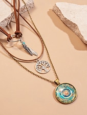 Χαμηλού Κόστους Γυναικείο Κολιέ-Γυναικείο μποέμ κολιέ με στρώσεις, τριπλό κόσμημα με φτερό, δέντρο της ζωής και vintage στρογγυλό γούρι για φεστιβάλ, πάρτι και casual ρούχα