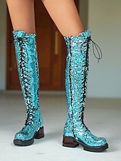 preiswerte Modische Stiefel-türkisfarbene, kniehohe Schnürstiefel für Damen mit Pailletten – glitzernde Party-Schuhe im Combat-Stil für das Nachtleben und Club-Outfits