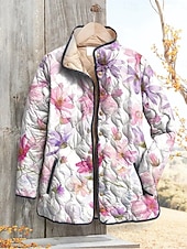 お買い得  キルティングパファージャケット-女性用 冬物ジャケット パフジャケット 保温 快適 ポケット ボタン プリント ファッション 日常 屋外 フラワー バケーション カジュアル 日常 シングルブレスト レギュラー スタンド レギュラー 長袖 アウターウェア ライトピンク イエロー ブルー 秋 冬