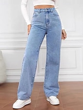 billige brede ben og høy midje-Dame Jeans kinesisk Rett Ferie Årgang Gatemote Full lengde Middels midje عادي Lomme Elastisk midje Bekvem Uelastisk Mikroelastisk utendørs Gate Daglig Svart Grå Marine Svart Hvit Høst Vinter Normal