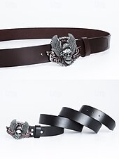 abordables Accessoires d&#039;Halloween-Ceinture en cuir véritable pour homme, motif Halloween, avec boucle tête de mort et aigle – Accessoire style motard gothique punk rock pour fêtes et festivals