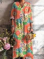 preiswerte Lässige Blumenkleider-Ostern Damen Midikleid Sommerkleid A Linie Kleid Urlaub Lässig Boho Ausgehen Strand Lässiger Schnitt Blumen Grafik Geometrisch Langarm V Ausschnitt Gelb Rosa Orange Grün Sommer Frühling Herbst Winter