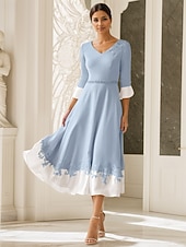 preiswerte Knöchellänge-Strandhochzeit A-Linien Kleid Mutter der Braut Hochzeitsgast Kirche Elegant V-Ausschnitt Tee-Länge Stretchstoff Halbärmel mit Applikationen