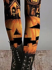 preiswerte Halloween-Hosen-Damen Leggings Gemütliche Leggings Basic Lässig Volle Länge Hohe TaillePantsHalloween Grafik Drucken Thermowarm Bequem Dehnbar Urlaub Lässig Täglich Orange Herbst Winter Schmale Passform