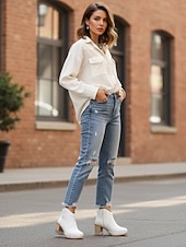 ieftine Cizme Cowboy &amp; Western-botine de damă din piele albă - cu ornamente împânzite, design brodat și toc gros din lemn pentru ținute casual la modă