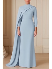 abordables Robes de bal-Robe de soirée fourreau/colonne, cape amovible, élégante, robe de soirée, traîne de mariage, manches 3/4, col haut, crêpe extensible avec fronces, 2025
