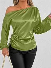 baratos Blusas Elegantes-Mulheres Camisa Social Elegant Elegante Top de cetim Assimétrico Tecido à moda Casual Manga Longa ombro frio Tops regulares Diário Para Noite Preto Verde Primavera Outono