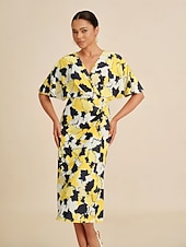 economico Abiti da donna-Femminile Abito Elegante Abito Midi Giallo Manica Corta Astratto Estate Primavera Autunno Scollo a V Elegante Abito elegante S M L