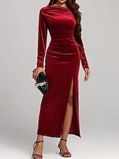 preiswerte abendkleider-Damen Midikleid Samtkleid Cocktailkleid Elegant Mode Modern Outdoor Party Party-Abendmode Normale Passform Einfach Langarm Schulterfrei Rote Frühling Herbst