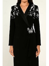 ieftine Rochii de smoking-Rochie smoking cu imprimeu floral, tip coloană, cu cristale, model formal, pentru invitați de nuntă, rever din satin, crep elastic, mânecă lungă, guler cu rever crăpat și volane