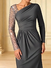 cheap Floor Length-Sheath Column Floor Length Wedding Guest Dress Formal Dresses Evening Gown Mother of the Bride Dress Long Sleeve V Neck Elegant Simple Formal Wedding Guest Satin with Pleats Ruched Beading