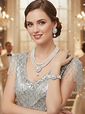 cheap Women&#039;s Necklace-Women&#039;s Pearl Jewelry Set with Crystal Flower Accents - Vintage Gatsby Style Necklace, Earrings and Bracelet for 1920s Party and Cocktail Events