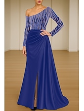 baratos Vestidos de baile-Linha A Vestidos de noite Elegante Traje formal Formal Casamento Cauda Escova Manga Longa Assimétrico Cetim com Pregas Franzido 2025