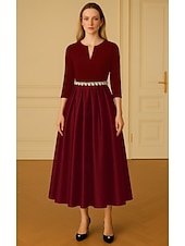 abordables Robes de cocktail-Ligne A Robes de Cocktail Élégant Robe de soirée Formel Mariage Longueur thé Manche 3/4 Col en V Crêpe Extensible avec Perles 2025
