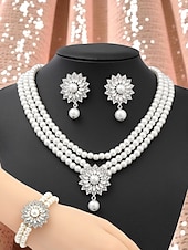 cheap Women&#039;s Necklace-Women&#039;s Pearl Jewelry Set with Crystal Flower Accents - Vintage Gatsby Style Necklace, Earrings and Bracelet for 1920s Party and Cocktail Events