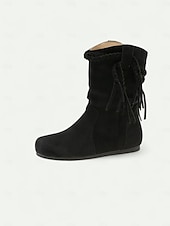 olcso Slouch Boots-Női velúr csizma, fonott bojtos részletekkel, bohém lezser stílusú, kényelmes, lapos talpú cipő, női városi utcai viseletre és mindennapi viseletre.