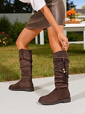 levne Slouch Boots-Dámské khaki kozačky s volným výstřihem a střapcem – ležérní zimní boty ve stylu imitace semiše pro každodenní nošení i na slavnosti