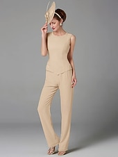 abordables Costumes-pantalons pour maman-Pantalon de mariage à la plage ensemble de 3 pièces mère de la mariée invitée de mariage formelle élégante grande taille avec encolure bateau longueur au sol manches longues enveloppe incluse avec
