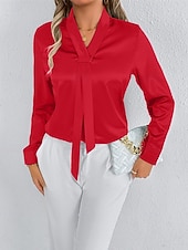 economico Top eleganti-Per donna Camicia Camicia in raso Tinta unica Elegante Casual Manica Lunga Scollo a V Top Regolari Quotidiano Uscire Nodo frontale Rosa Rosso Primavera Autunno