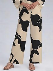 baratos calças femininas-Calça feminina de cetim com estampa geométrica abstrata e cintura elástica, plissada, perna larga