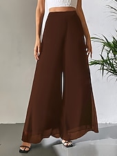 baratos perna larga e cintura alta-Mulheres Perna larga chinês Moda Roupa de rua Básico Comprimento total Cintura Alta Tecido Cintura elástica Confortável Macio Com Stretch Ao ar livre Rua Casual Marron Escuro Vinho Preto Branco Verão