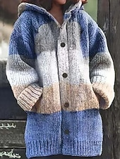 billige Cardigans og yttertøy-Dame Kofte Daglig Fritid Grafisk Geometrisk Riflet Med hette Lomme Knapper Trykt mønster Langermet Lange topper Strikke utendørs Helg Blå Høst Vinter