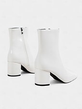 baratos Botas de tornozelo-Botas femininas brancas de couro sintético – botinhas estilosas com salto grosso e zíper lateral para looks casuais, de trabalho e do dia a dia