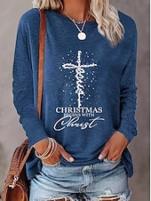 abordables Hauts de Noël-Noël Femmes T-shirt Graphique Lettre Croix ancien Mode Élégant manche longue Col ras du cou Col rond Hauts Réguliers Quotidien Week-end Imprimé Noir Jaune Rouge Bleu Printemps Automne Hiver