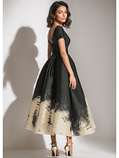 preiswerte Cocktailkleider-A-Linie Knöchellänge Cocktailkleider Partykleider Elegant seidig Kurzarm V Ausschnitt Hochzeit Formell Tasche Satin mit Blumenmuster