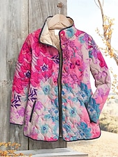 お買い得  キルティングパファージャケット-女性用 冬物ジャケット パフジャケット 保温 快適 ポケット ボタン プリント ファッション 日常 屋外 フラワー バケーション カジュアル 日常 シングルブレスト レギュラー スタンド レギュラー 長袖 アウターウェア ライトピンク イエロー ブルー 秋 冬