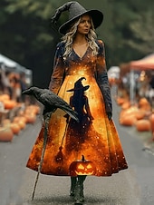 olcso Halloween ruha-Halloween Női Koponyák Nyomás Midi Ruha A-vonalú Ruha Vakáció Hétköznapi Napi Normál Illeszkedés Grafikával Koponya Hosszú Ujjú V Nyakú Kék Narancs Szürke Ősz Tél