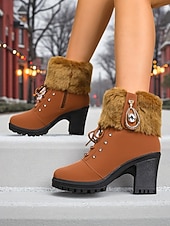  Botas femininas de couro sintético marrom com punho de pele e salto grosso – botas quentes de inverno com cadarço e detalhes de strass para mulheres, perfeitas para uso ao ar livre, casual e de férias