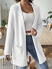 Недорогие Кардиган с открытым передом-Жен. Вязаная ткань Кардиган Уличный стиль На каждый день Сплошной цвет Открытый перед Карман Трикотаж Длинный рукав Обычные топы Вязать Повседневные На выход выходные Черный Белый Осень Зима
