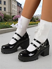 abordables Block Heels-Chaussures Mary Jane à plateforme en similicuir verni noir pour femmes - Double bride à talon épais, style écolière pour la mode Harajuku, le cosplay et le streetwear de tous les jours