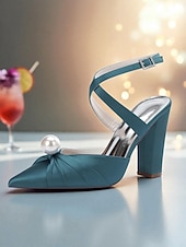 cheap Cocktail-Women&#039;s Blue Satin Block Heel Pumps with Pearl Detail and Ankle Strap - Elegant Pointed Toe Shoes for Formal Occasions and Cocktail Parties