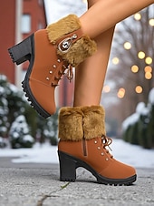  Botas femininas de couro sintético marrom com punho de pele e salto grosso – botas quentes de inverno com cadarço e detalhes de strass para mulheres, perfeitas para uso ao ar livre, casual e de férias