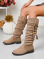 levne Slouch Boots-Dámské khaki kozačky s volným výstřihem a střapcem – ležérní zimní boty ve stylu imitace semiše pro každodenní nošení i na slavnosti